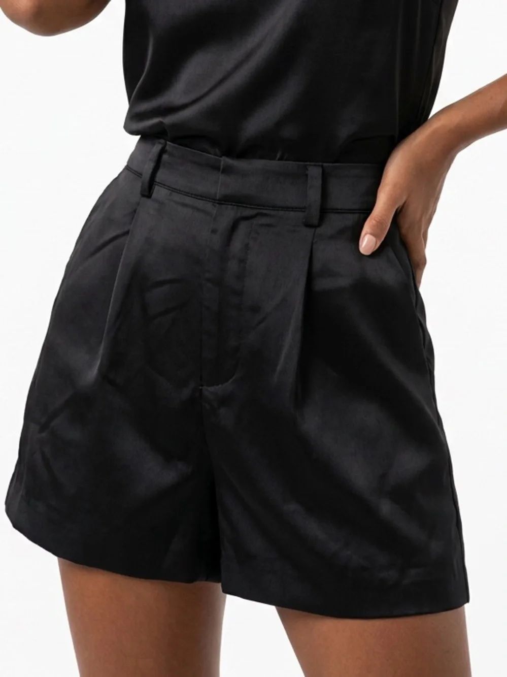 GLAM | Black High-Waist Pleated Satin-Look Shorts Women’s Size Large